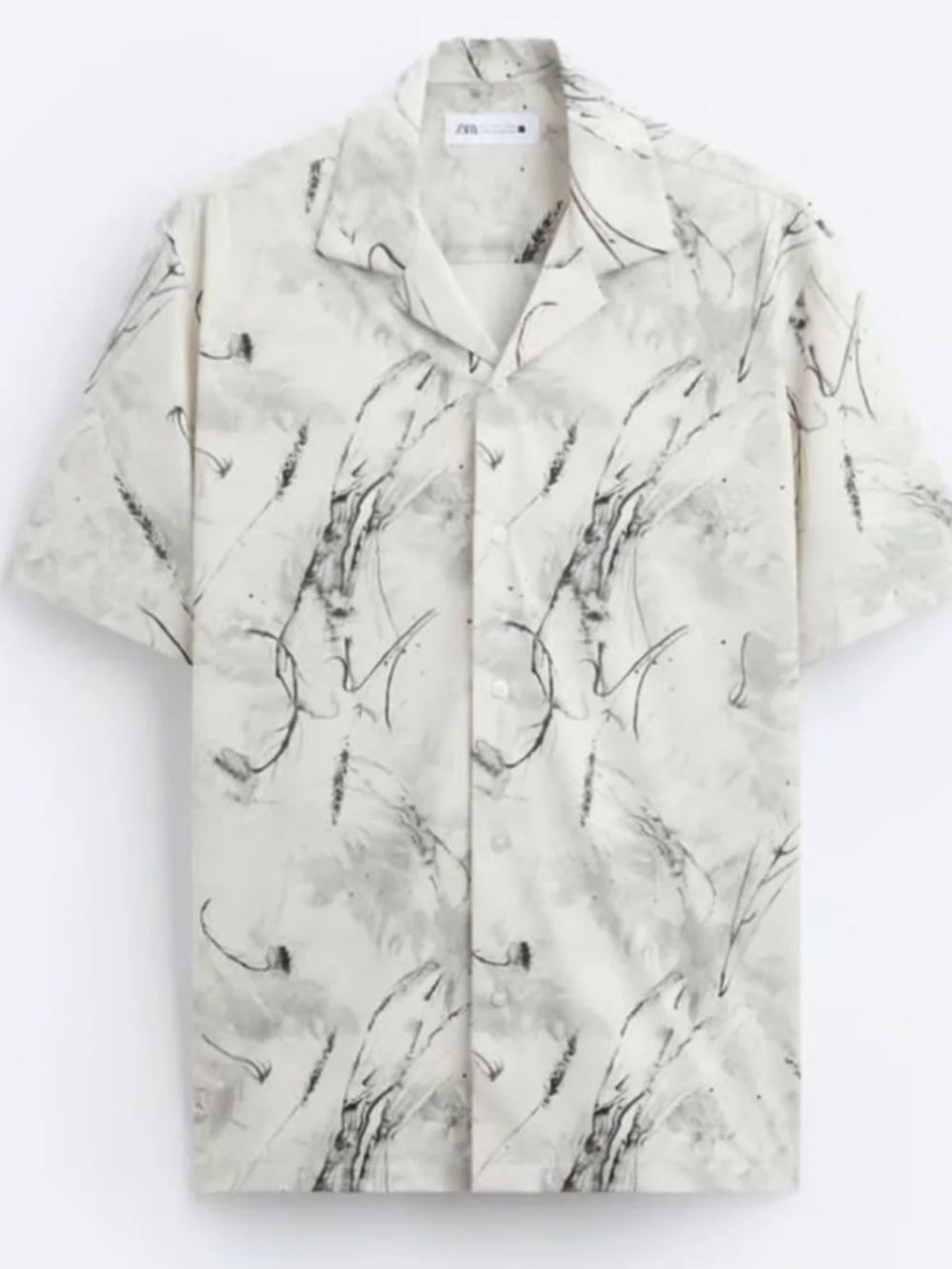 Zara Cream and Black Abstract-Print Short Sleeve Button-Down Shirt